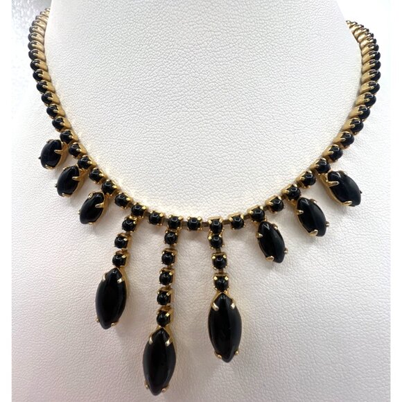 Vtg 50s Black Rhinestone Bib Necklace Set Gold Tone Screwback Earrings Waterfall - Picture 3 of 9
